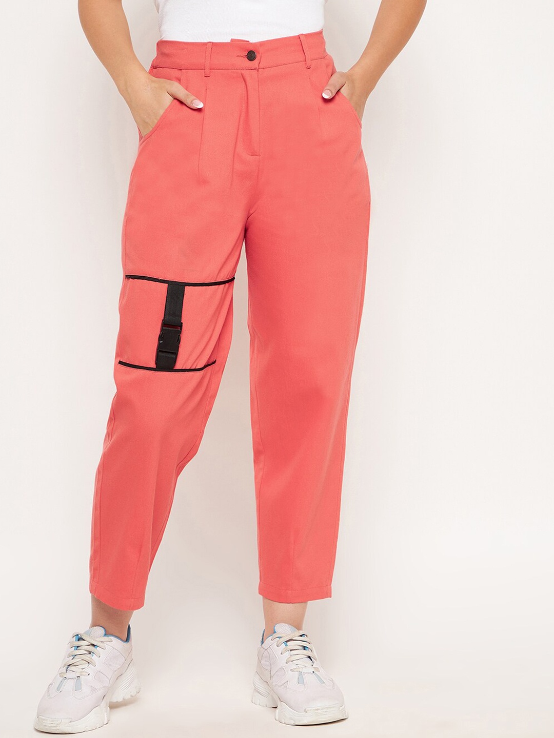 

WineRed Women Peach-Coloured Smart High-Rise Easy Wash Pleated Trouser with Buckle