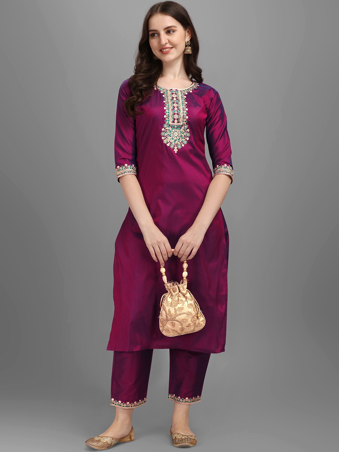 

FabFairy Women Burgundy Ethnic Motifs Yoke Design Embroidered Kurta with Trousers