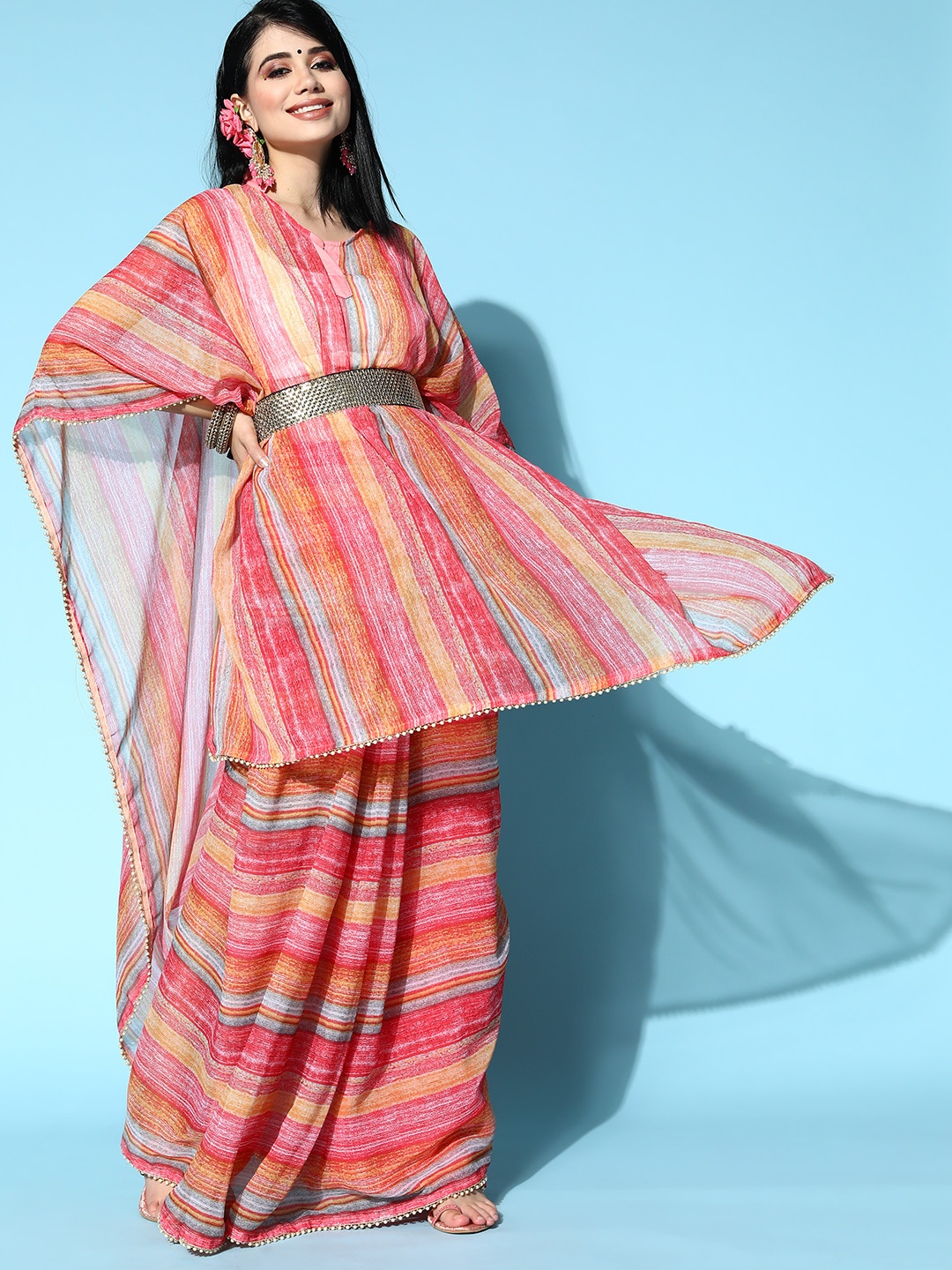 

Tikhi Imli Striped Saree with Printed border, Pink