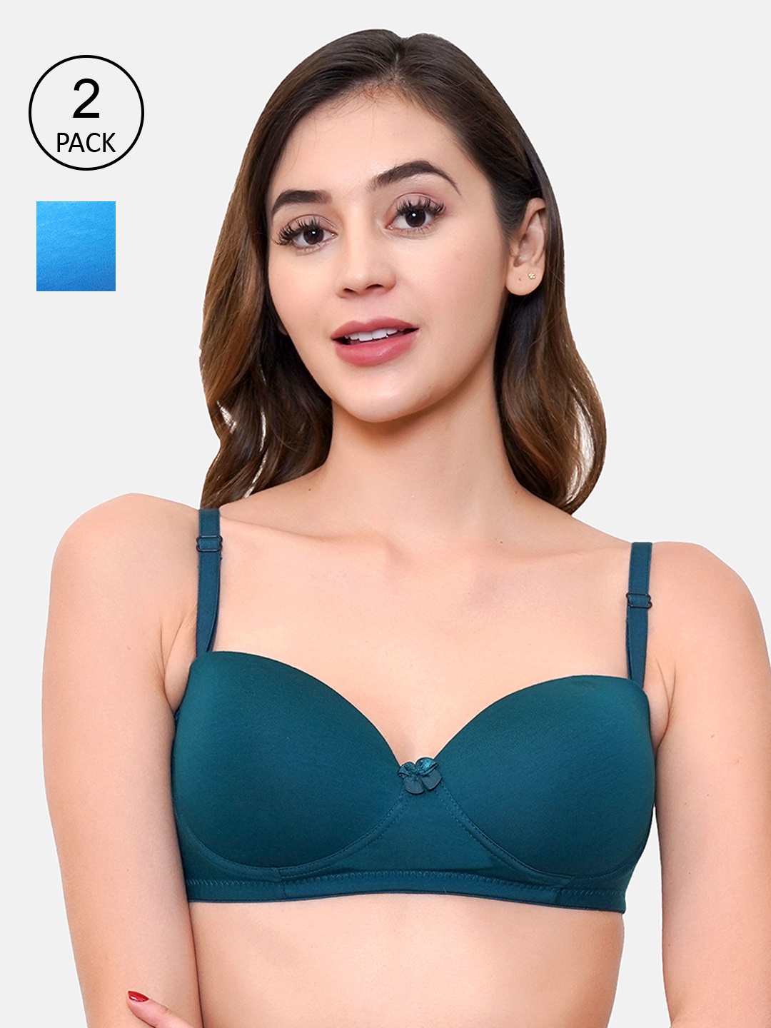 

LOTUSLEAF Pack of 2 Women Blue & Green Bra Lightly Padded Cotton Demi Non-Wired Bra