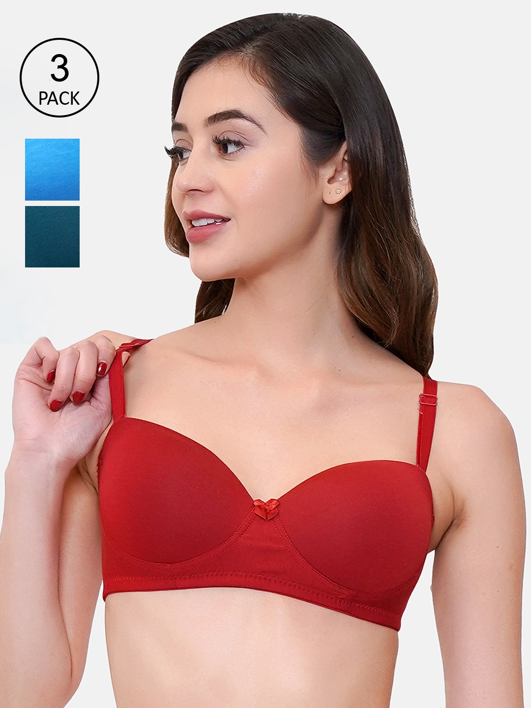 

LOTUSLEAF Pack of 3 Blue & Green Cotton Seamless Lightly Padded T-shirt Bra