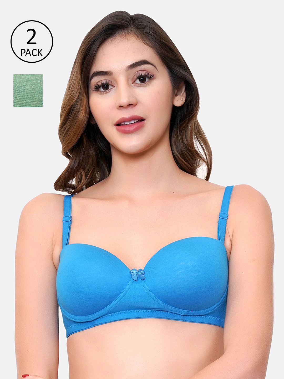 

LOTUSLEAF Pack Of 2 Women Lime Green & Blue Light Padded Seamless Bra