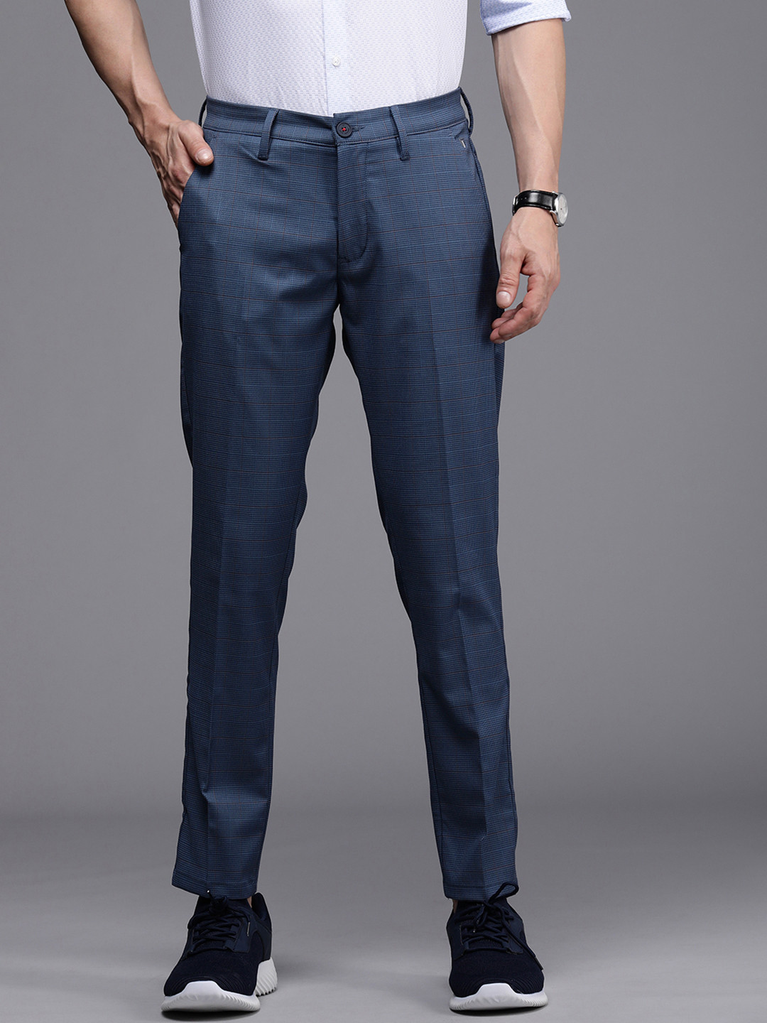 

Louis Philippe Ath Work Men Navy Blue Checked Comfy Tapered Fit Trousers