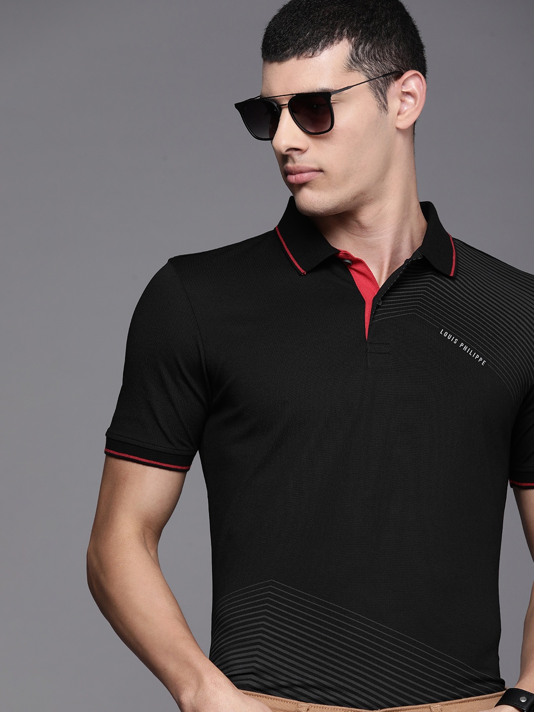 

Louis Philippe Ath Work Men Black Striped Polo Collar Slim Fit T-shirt