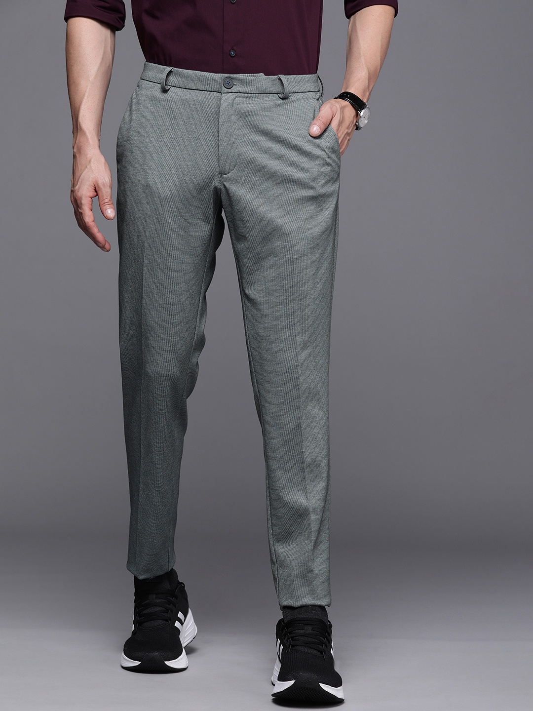 

Louis Philippe Ath Work Men Grey Self Design Textured Tapered Fit Regular Trousers