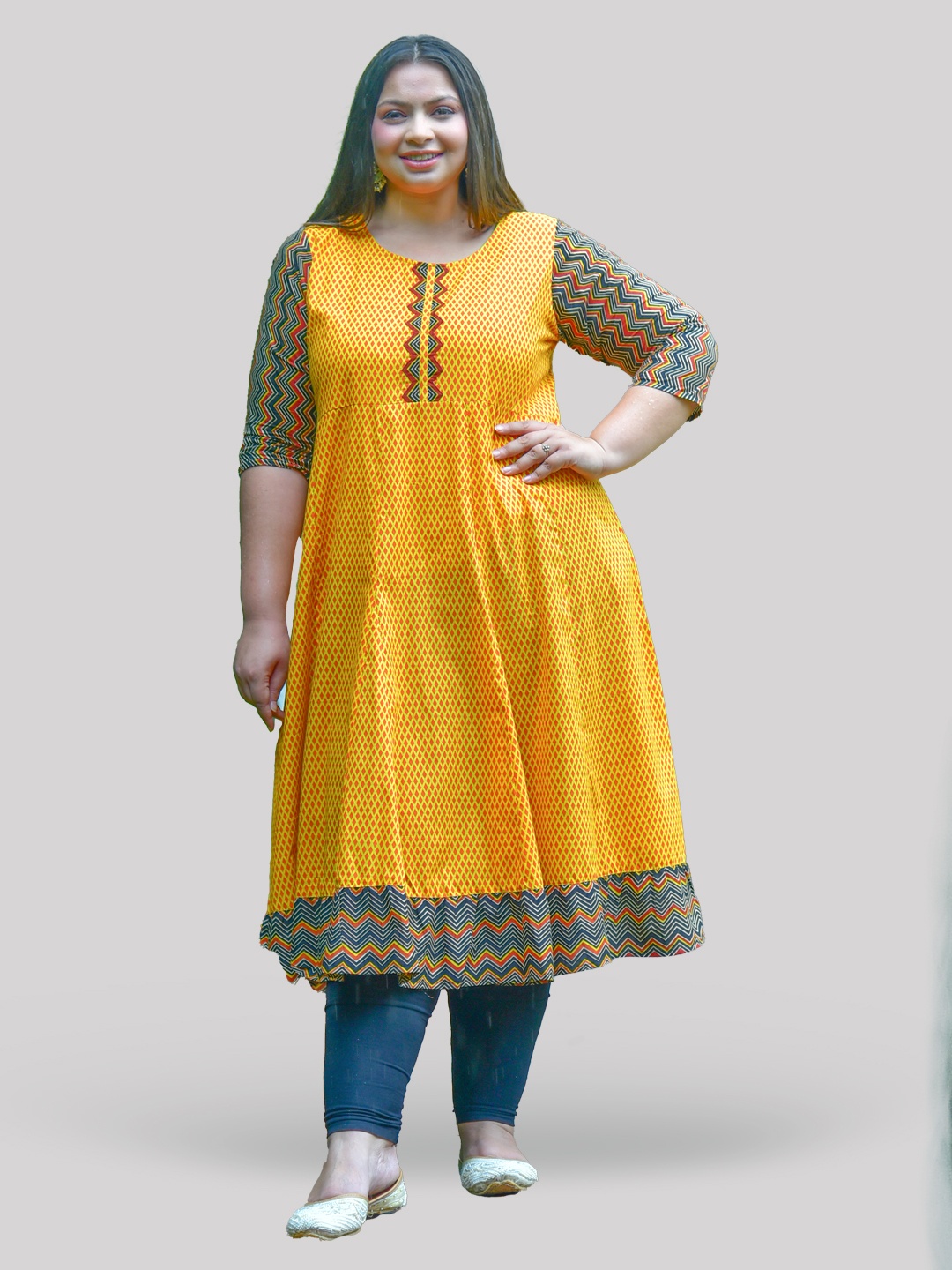 

YASH GALLERY Women Mustard Yellow & Red Geometric Printed Anarkali Kurta