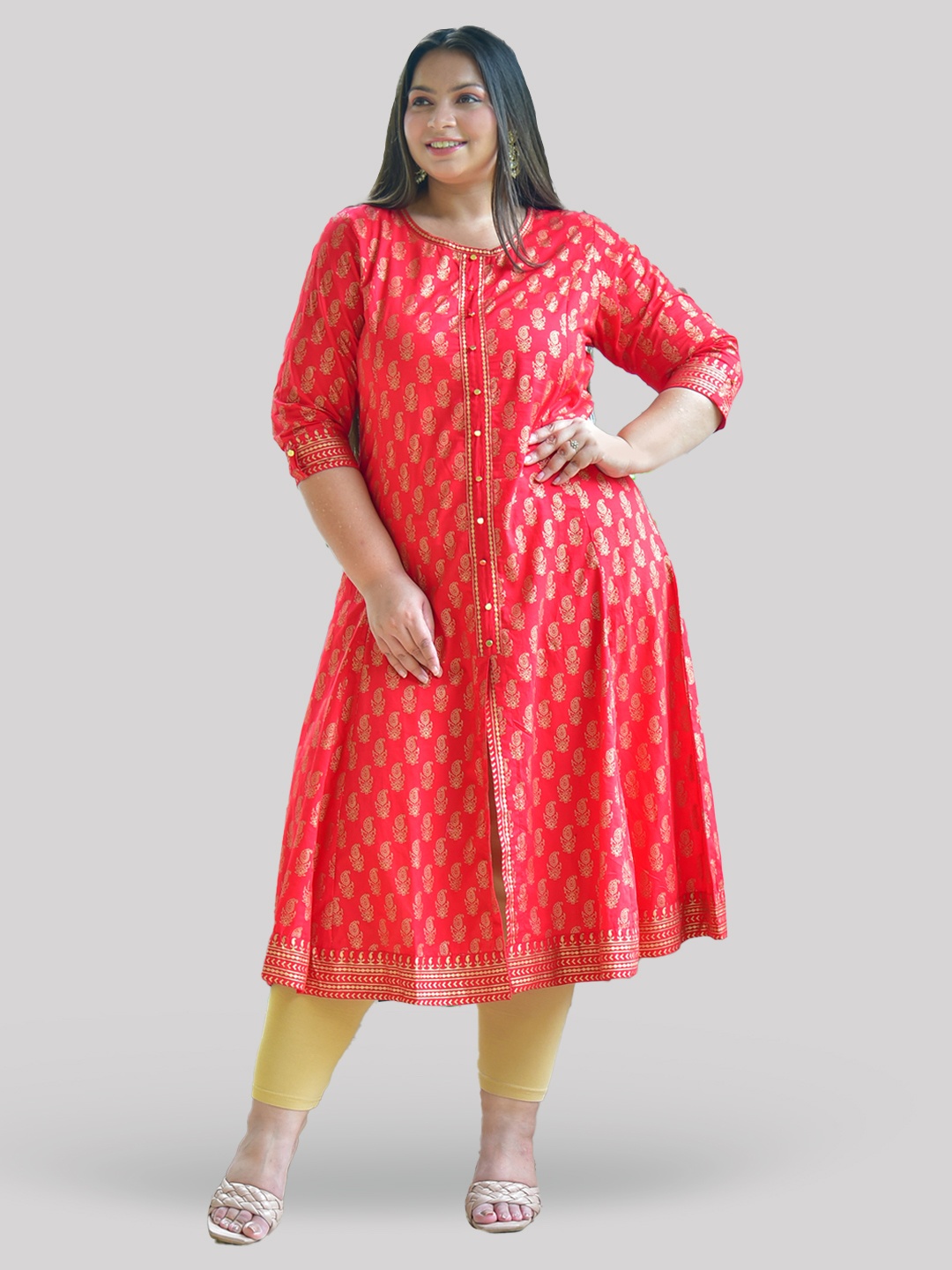 

YASH GALLERY Women Red & Gold-Toned Ethnic Motifs Printed Anarkali Kurta