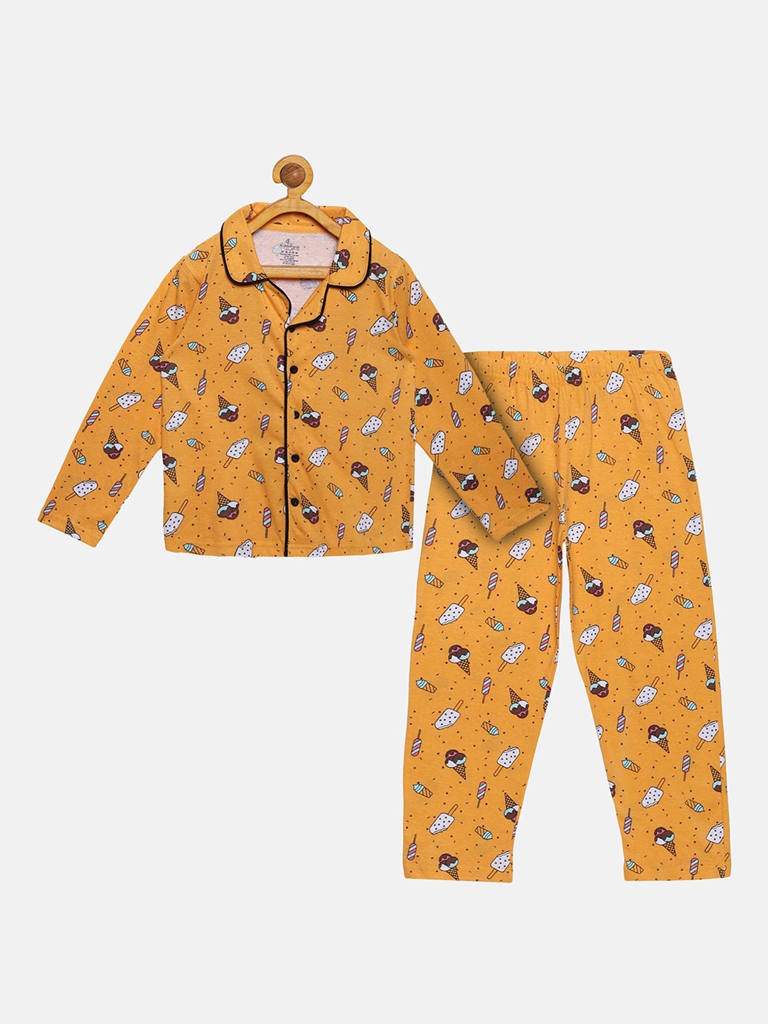 

KiddoPanti Boys Mustard & White Printed Night suit