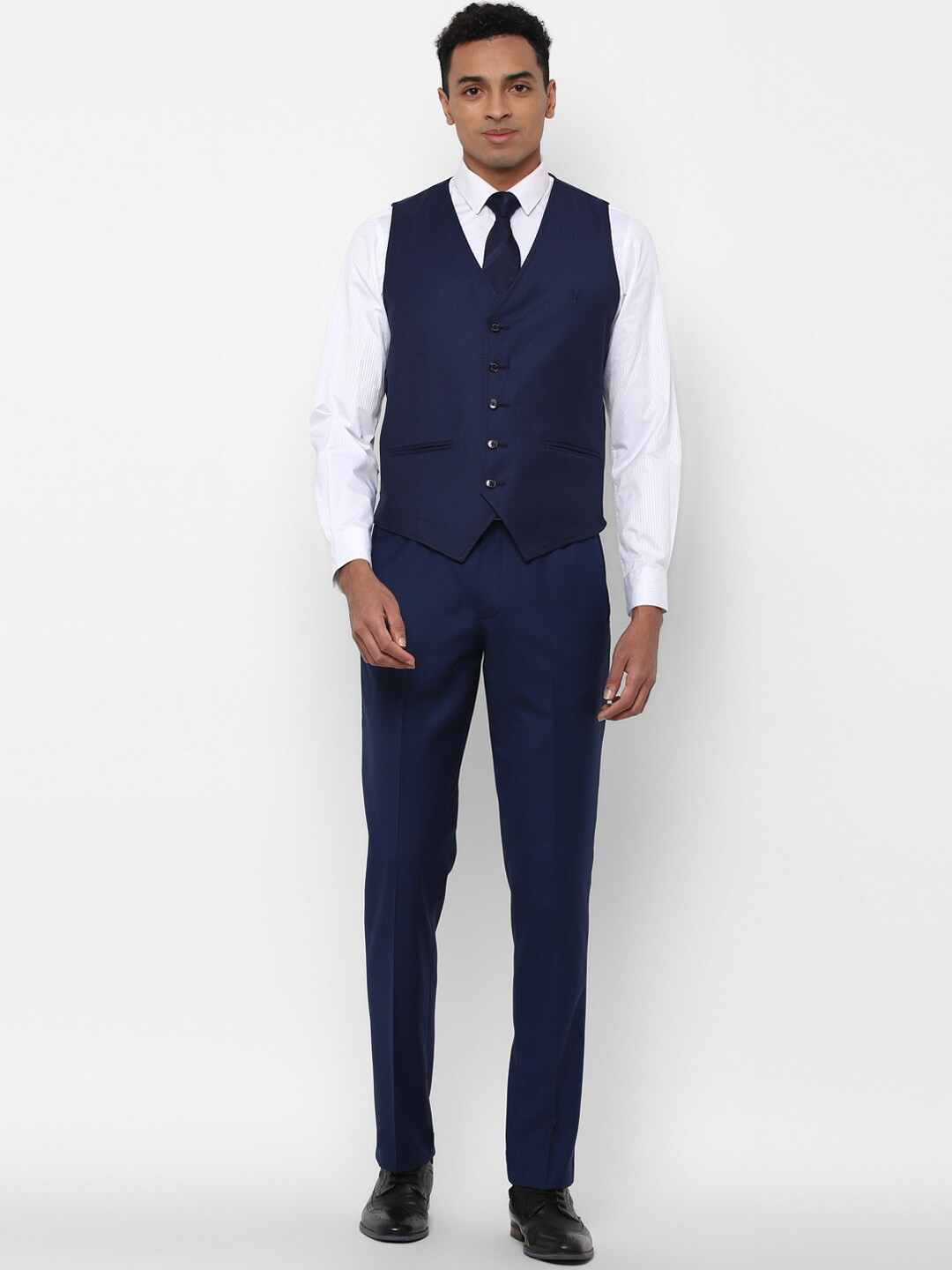 

Allen Solly Men Blue Textured Slim-Fit Single-Breasted Three-Piece Formal Suit, Navy blue