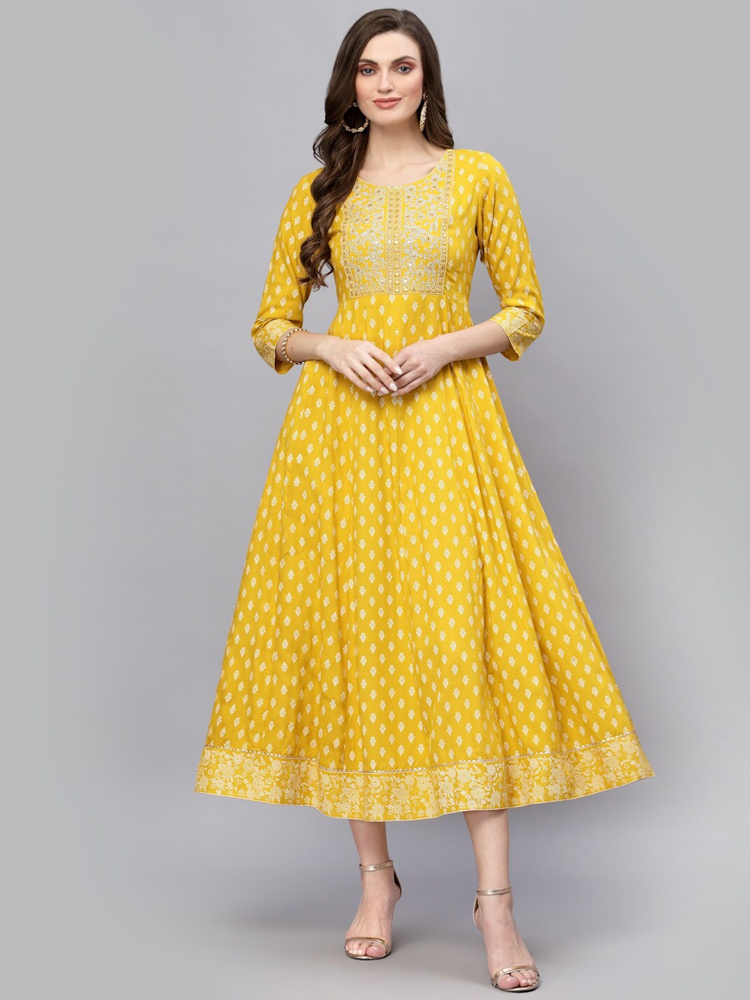 

Stylum Ethnic Motifs Printed Fit & Flare Ethnic Dress, Mustard