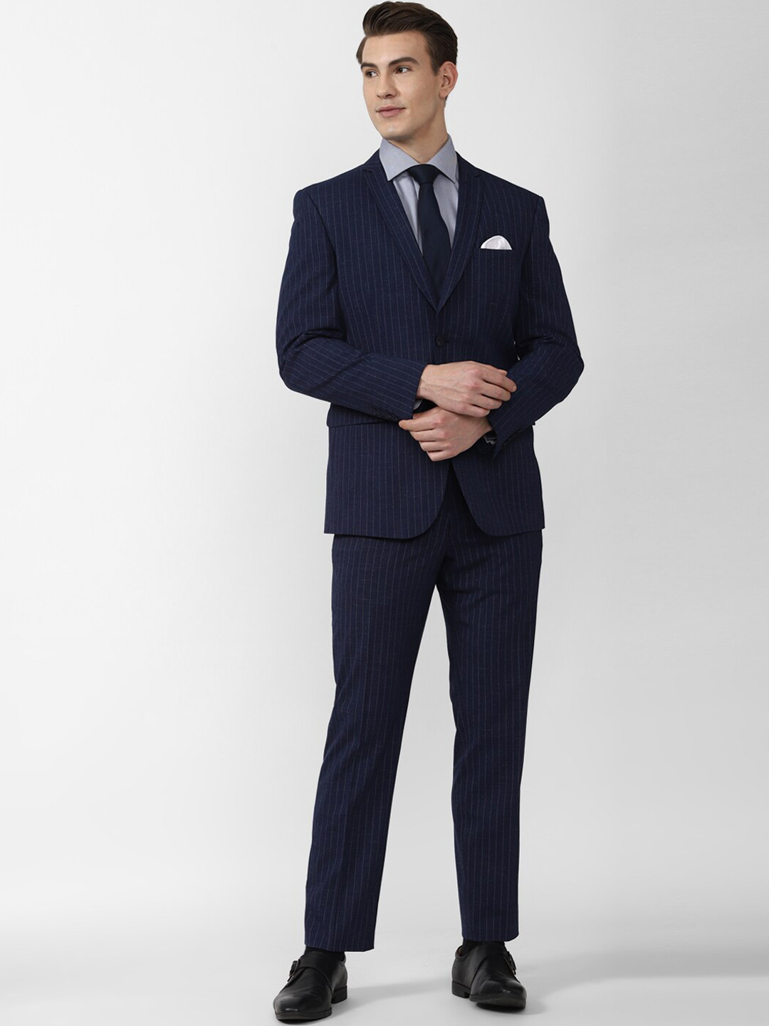 

Van Heusen Men Navy Blue Striped Slim-Fit Single-Breasted Two-Piece Formal Suit