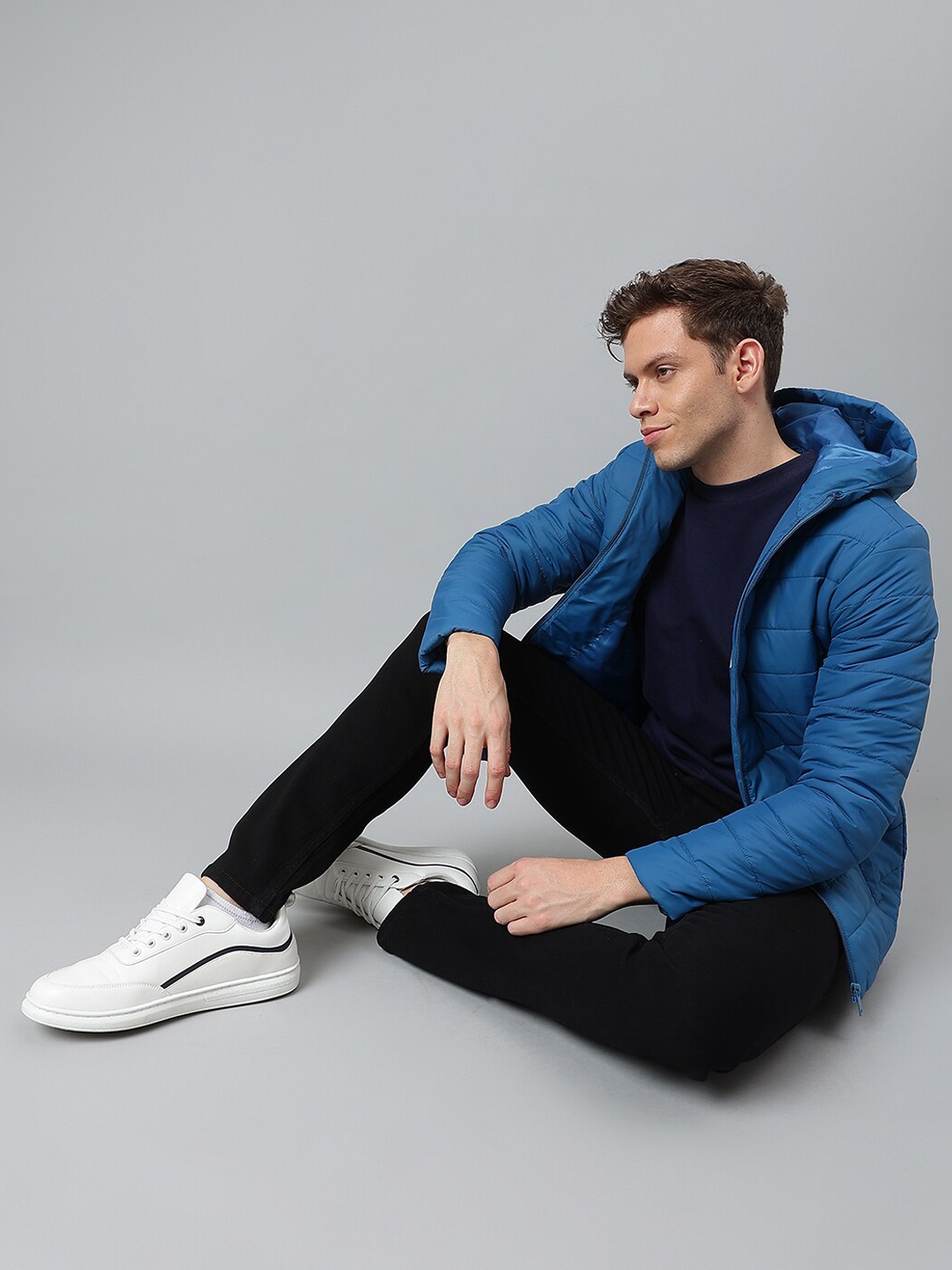 

High Star Men Blue Hooded Collar Long Sleeves Padded Jacket