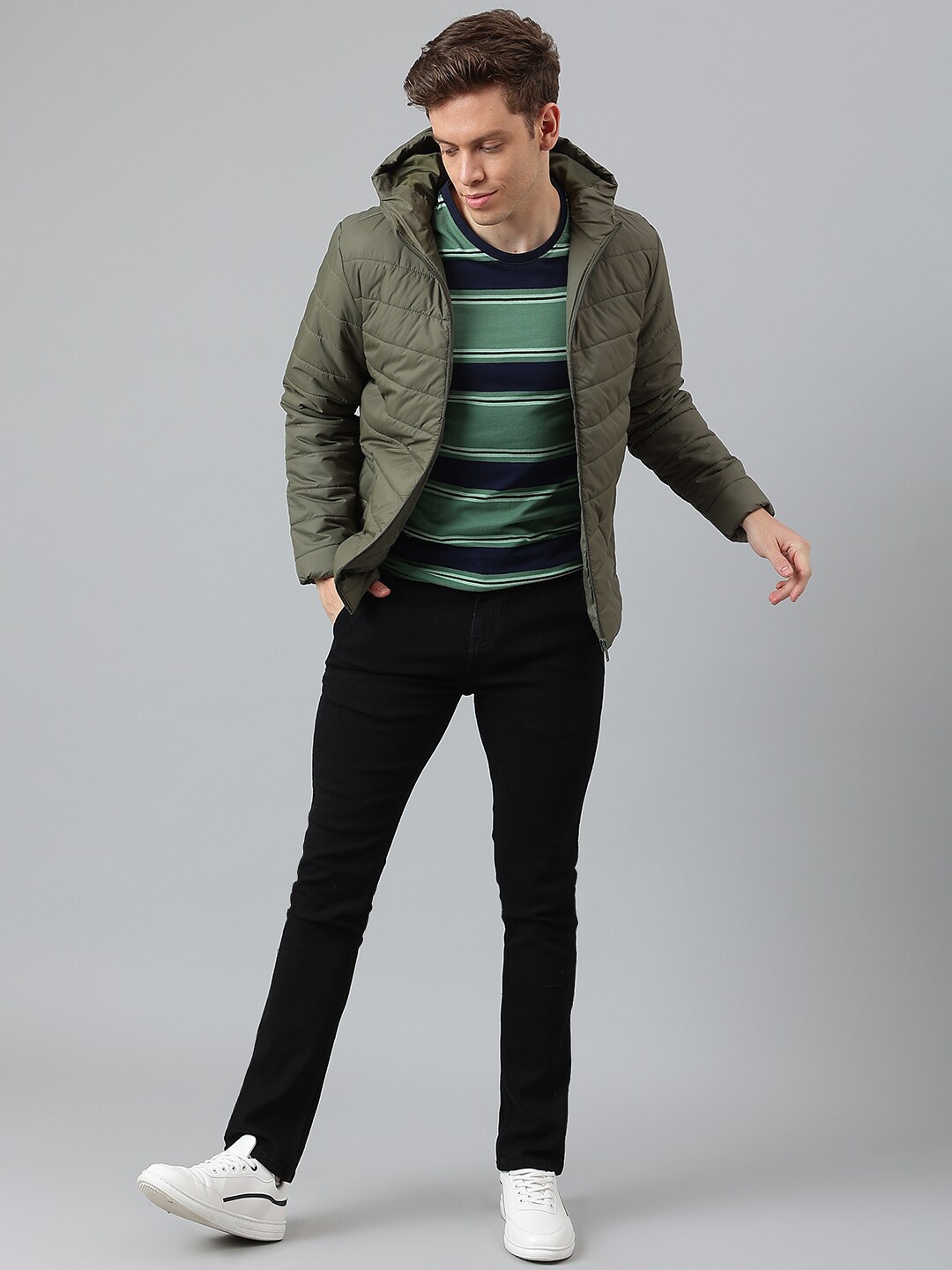 

High Star Men Olive Green Hooded Solid Padded Jacket