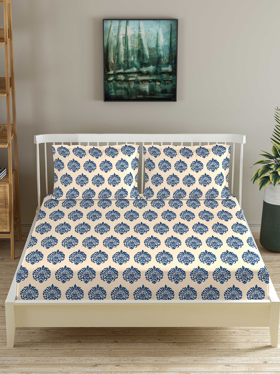 

Trance Home Linen Blue & Beige Floral 210 TC Queen Bedsheet with 2 Pillow Covers