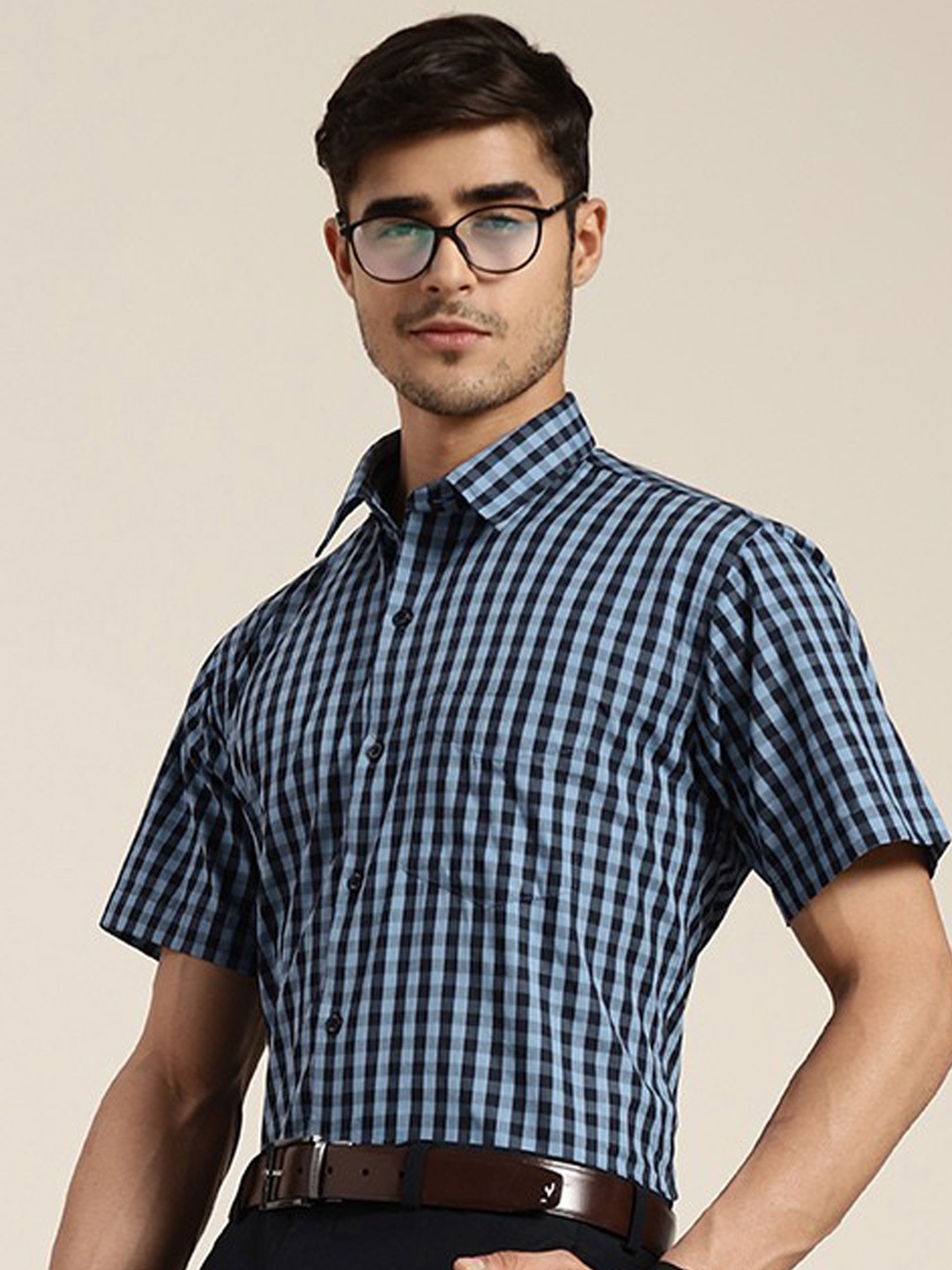 

Hancock Men Navy Blue Slim Fit Gingham Checks Checked Pure Cotton Formal Shirt