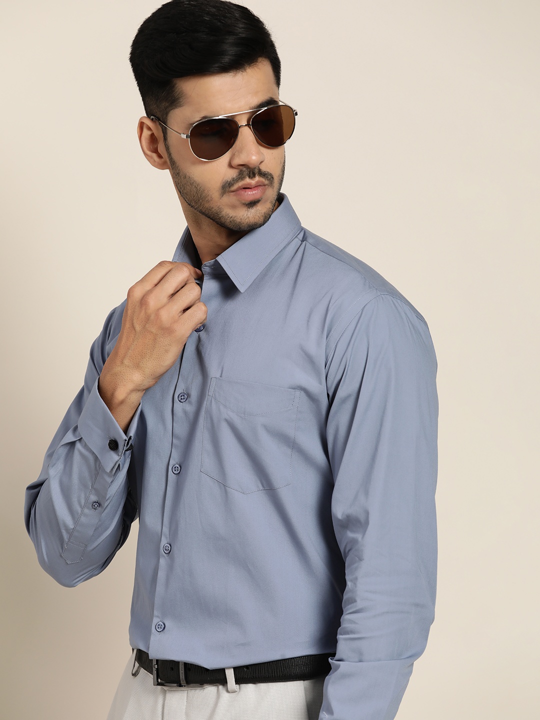 

Hancock Men Blue Slim Fit Pure Cotton French Cuff Formal Shirt