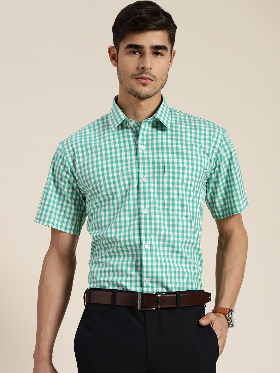 

Hancock Men Green Slim Fit Gingham Checks Pure Cotton Formal Shirt