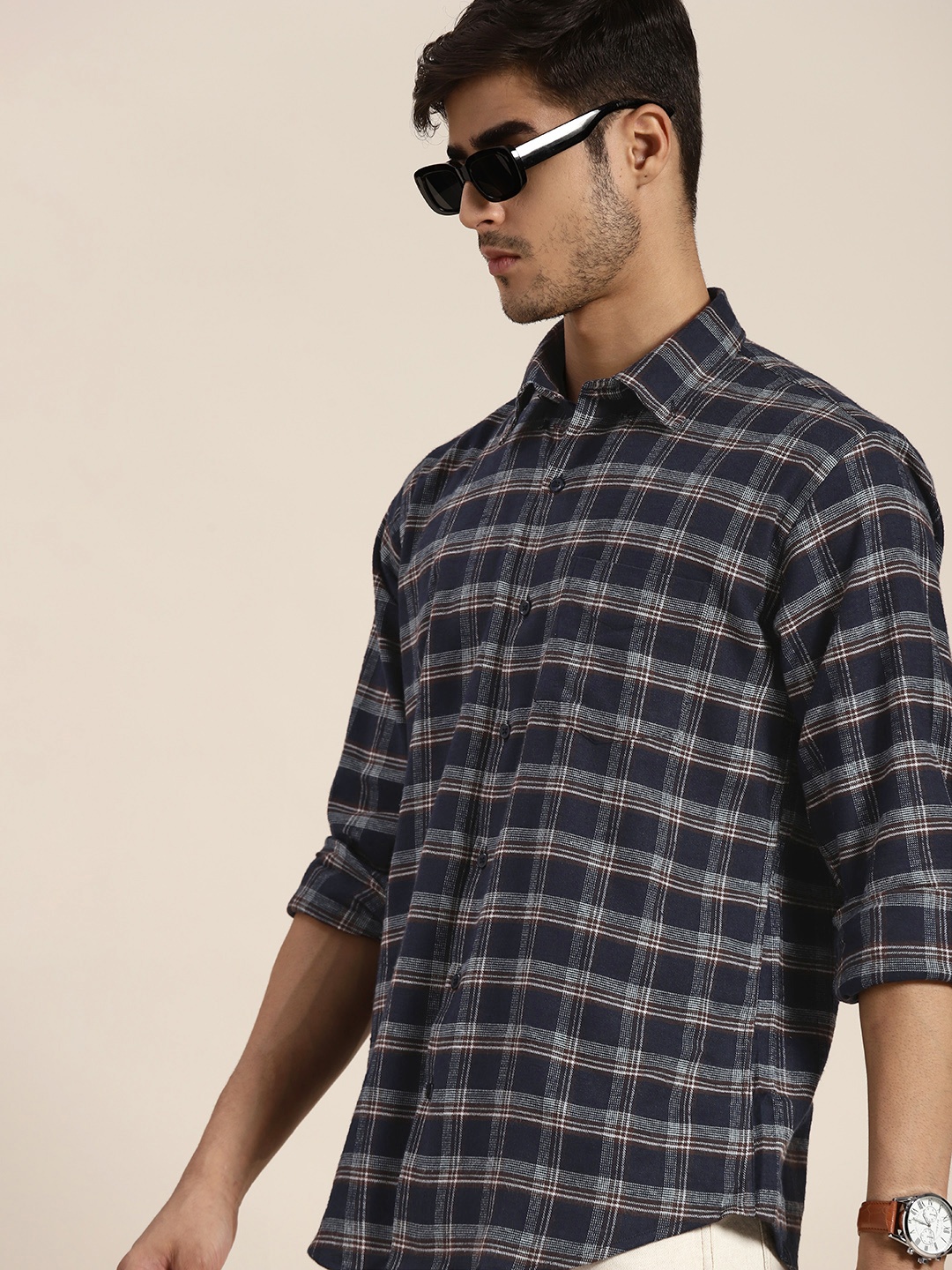 

Hancock Men Navy Blue Slim Fit Tartan Checked Pure Cotton Flannel Casual Shirt