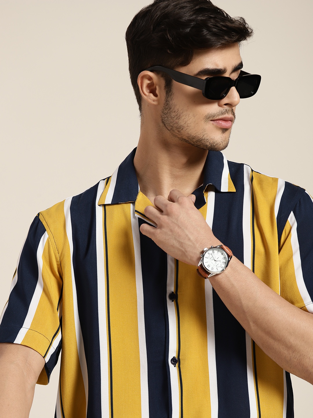 

Hancock Men Navy Blue & Mustard Yellow Relaxed Fit Striped Casual Shirt
