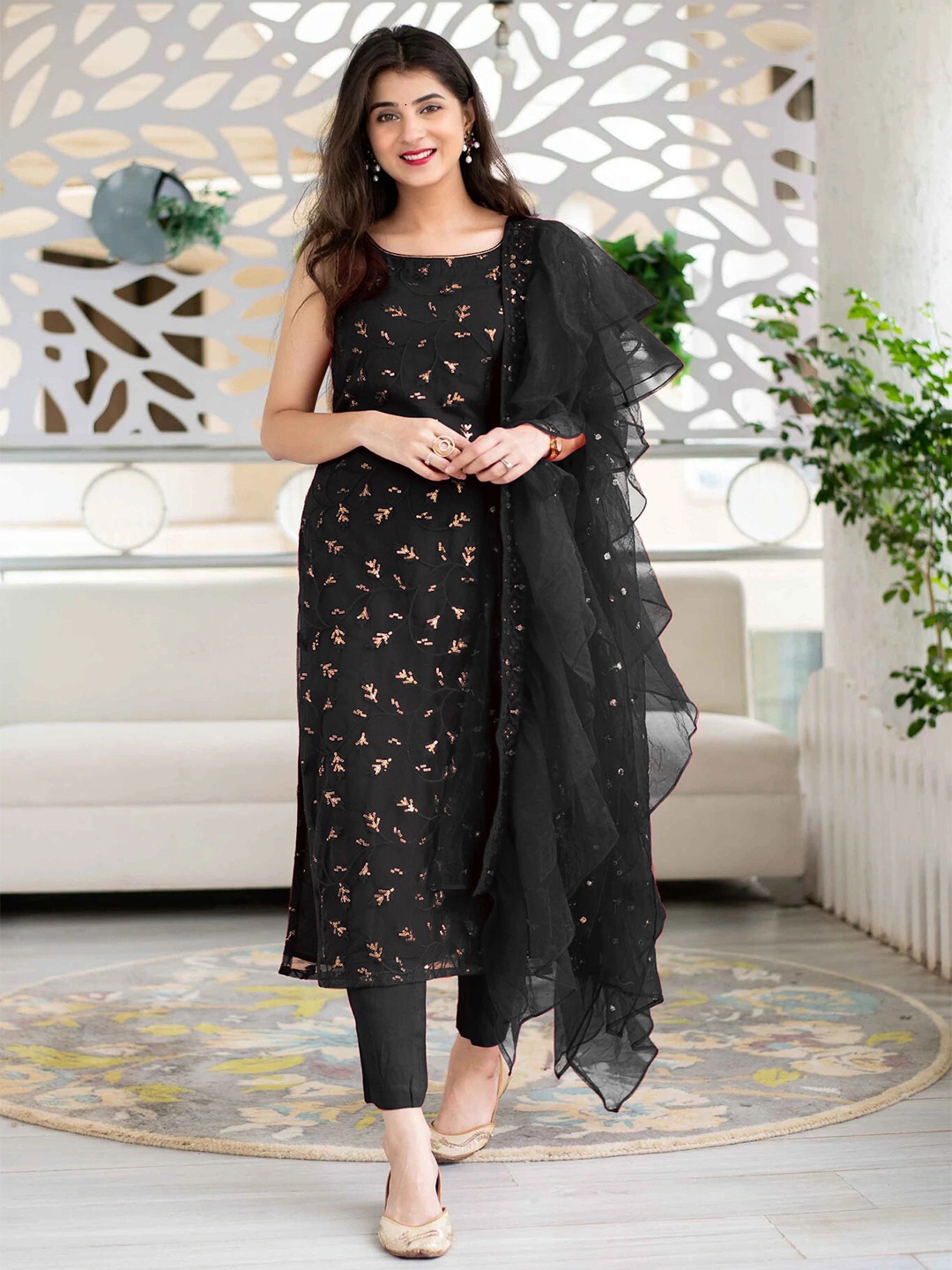 

Fashion Basket Women Black & Gold-Toned Embroidered Semi-Stitched Dress Material