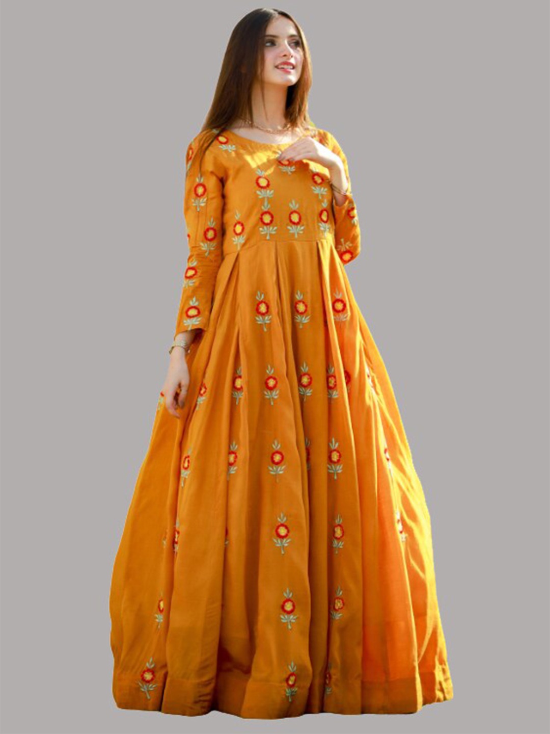 

Fashion Basket Yellow & Red Embroidered Art Silk Semi-Stitched Dress Material