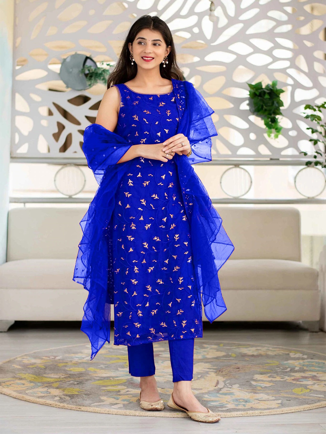 

Fashion Basket Blue & Gold-Toned Embroidered Semi-Stitched Dress Material