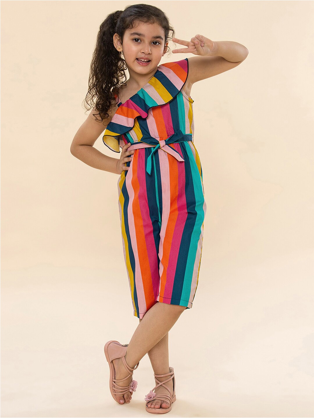 

A T U N Girls Multicoloured Striped Pure Cotton Capri Jumpsuit, Multi