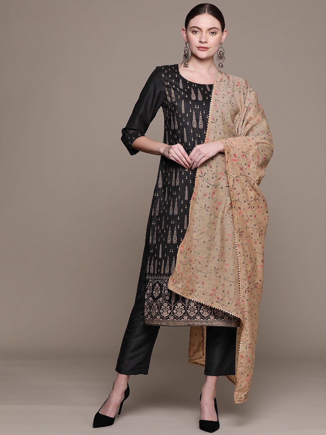 

ZIYAA Women Black Ethnic Motifs Printed Kurta with Trousers & With Dupatta