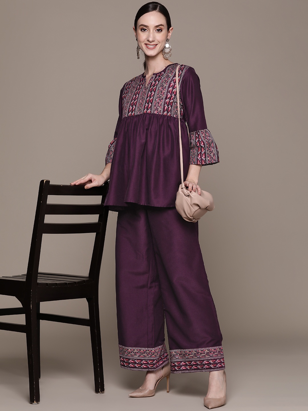 

ZIYAA Women Purple Ethnic Motifs Printed Kurti with Palazzos