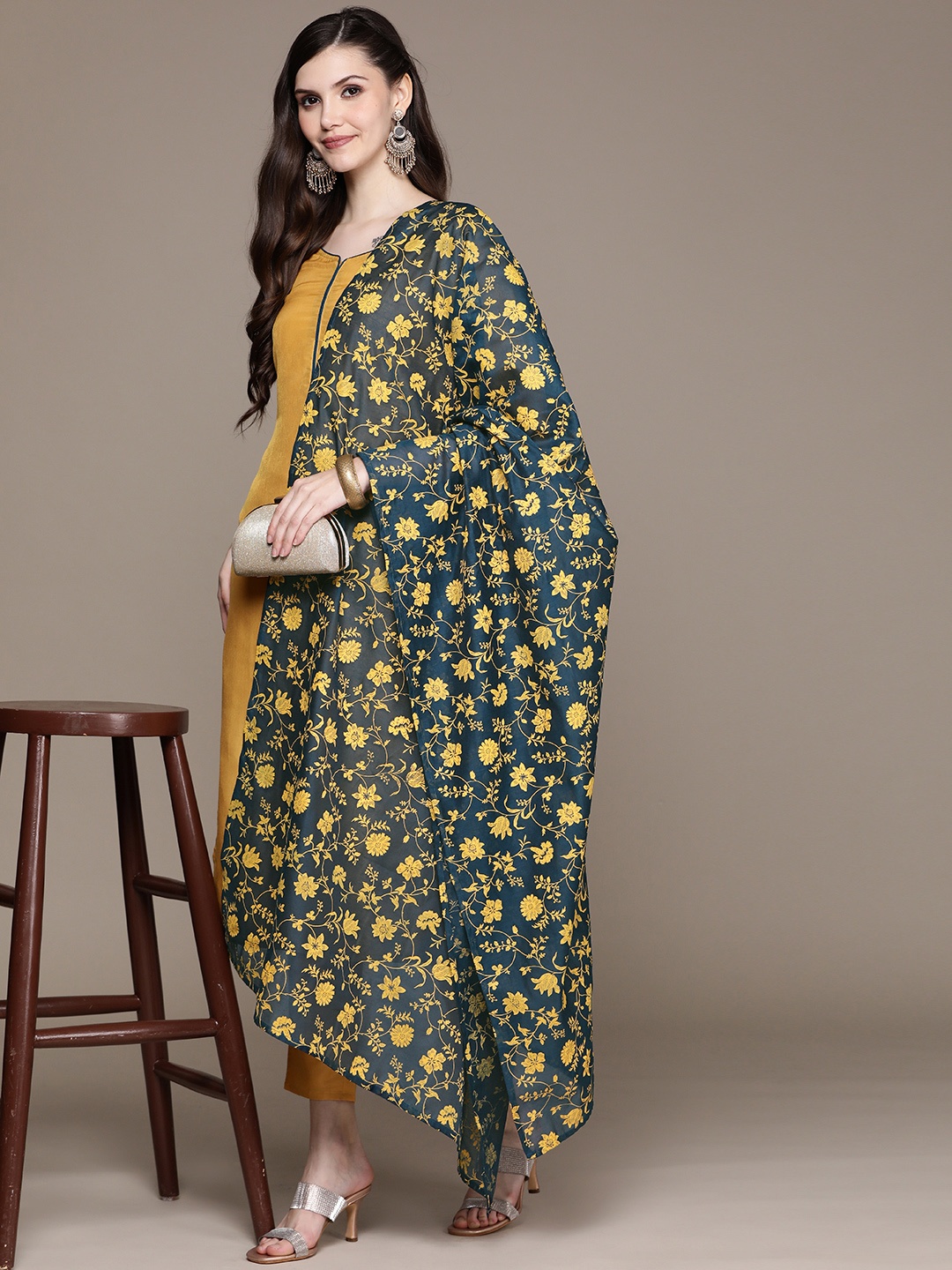 

ZIYAA Women Mustard Yellow Floral Kurta with Trousers & With Dupatta