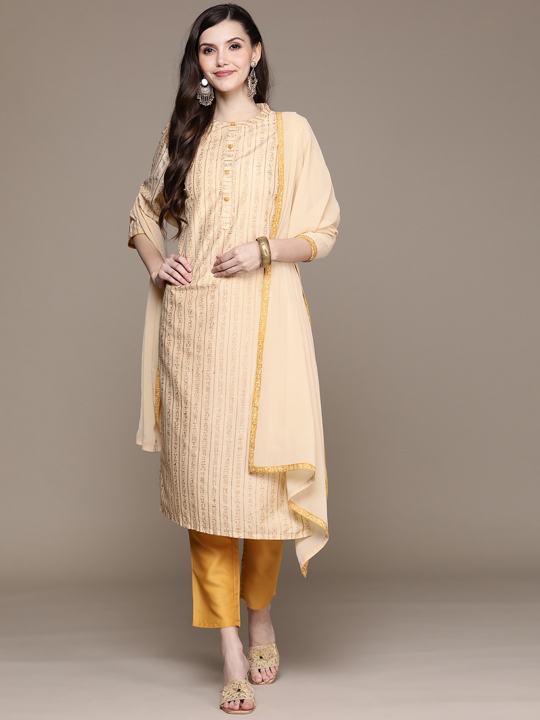 

ZIYAA Women Cream-Coloured Ethnic Motifs Printed Kurta with Trousers & With Dupatta