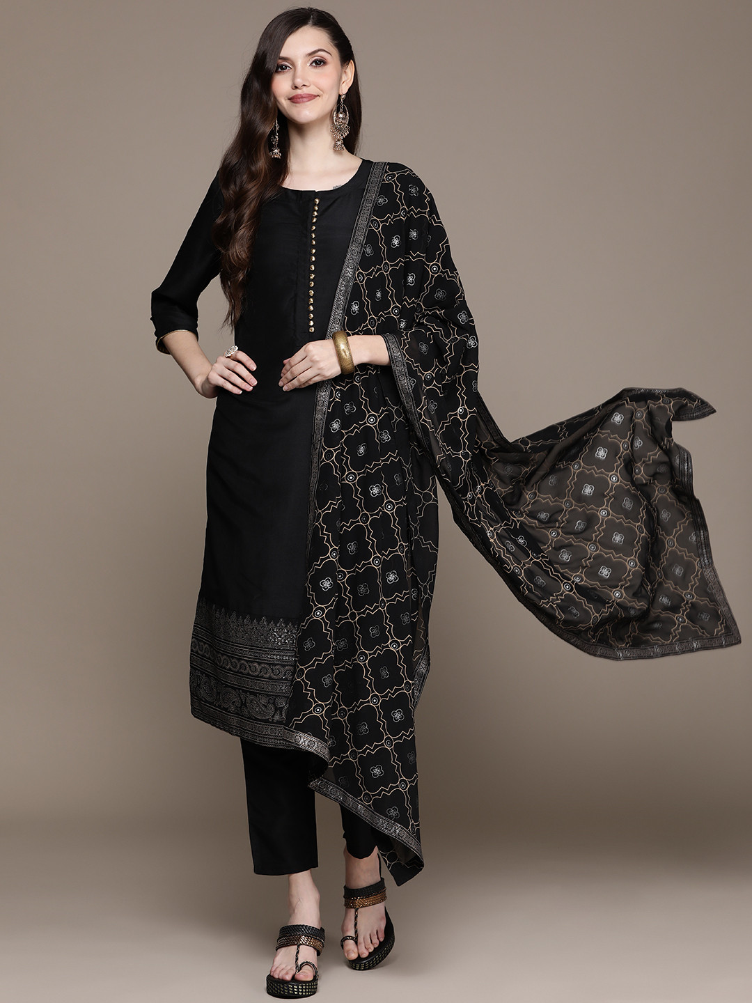 

ZIYAA Women Black Ethnic Motifs Printed Kurta with Trousers & With Dupatta