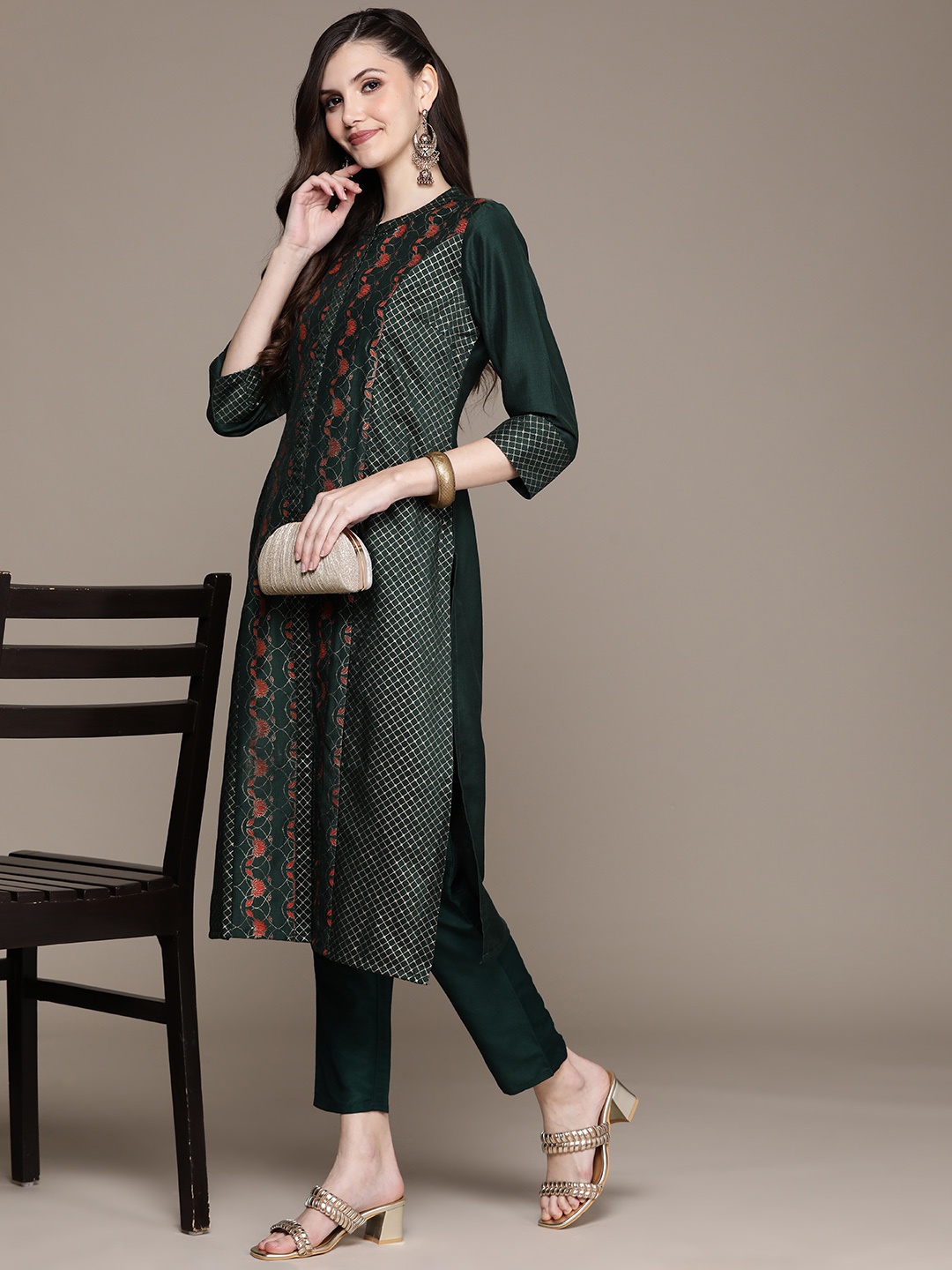 

ZIYAA Women Green Ethnic Motifs Printed Kurta with Trousers