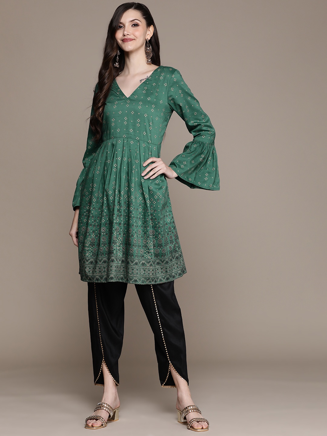 

ZIYAA Women Green Ethnic Motifs Printed Kurta with Dhoti Pants