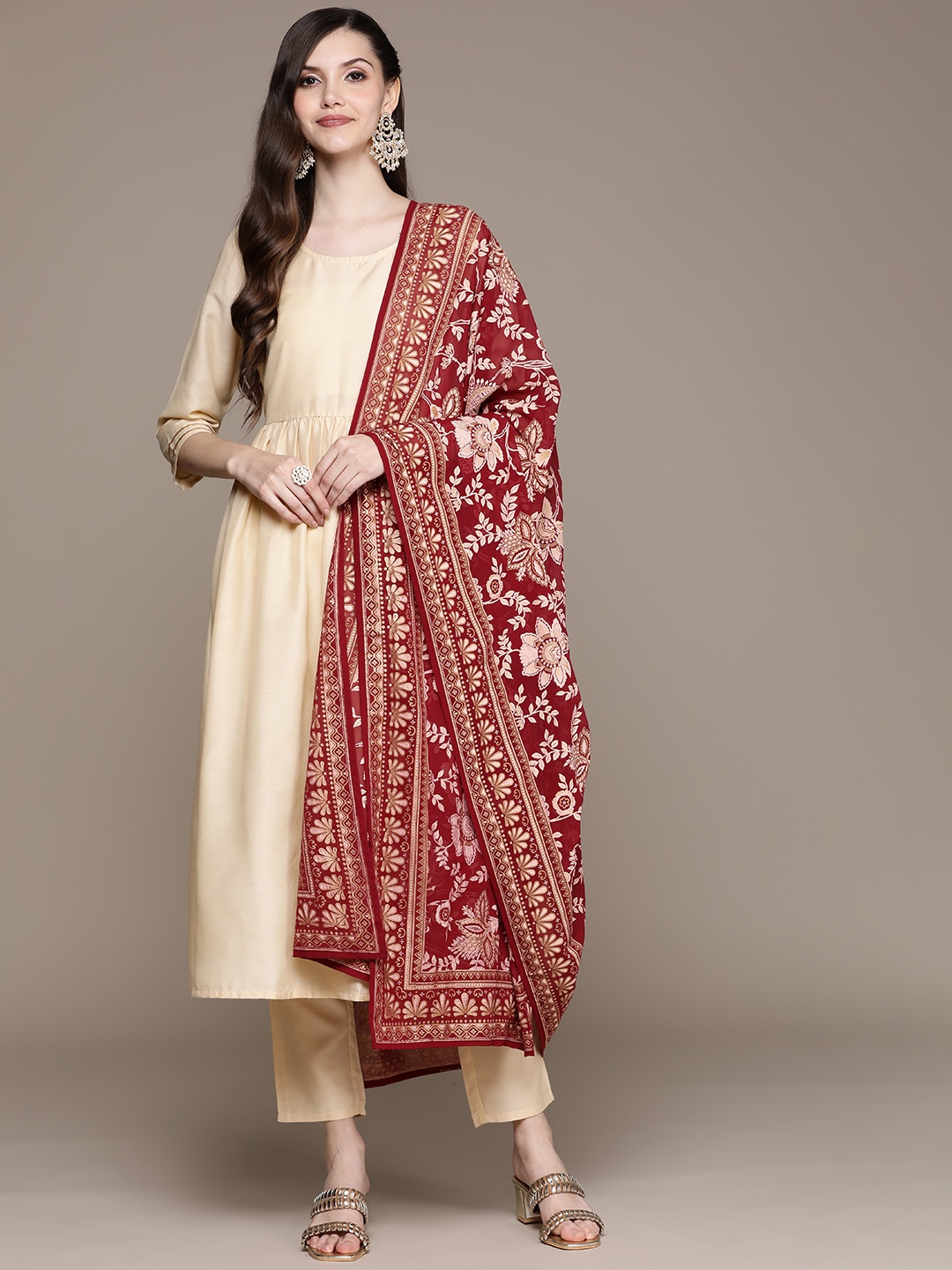 

ZIYAA Women Cream-Coloured Kurta with Trousers & With Dupatta