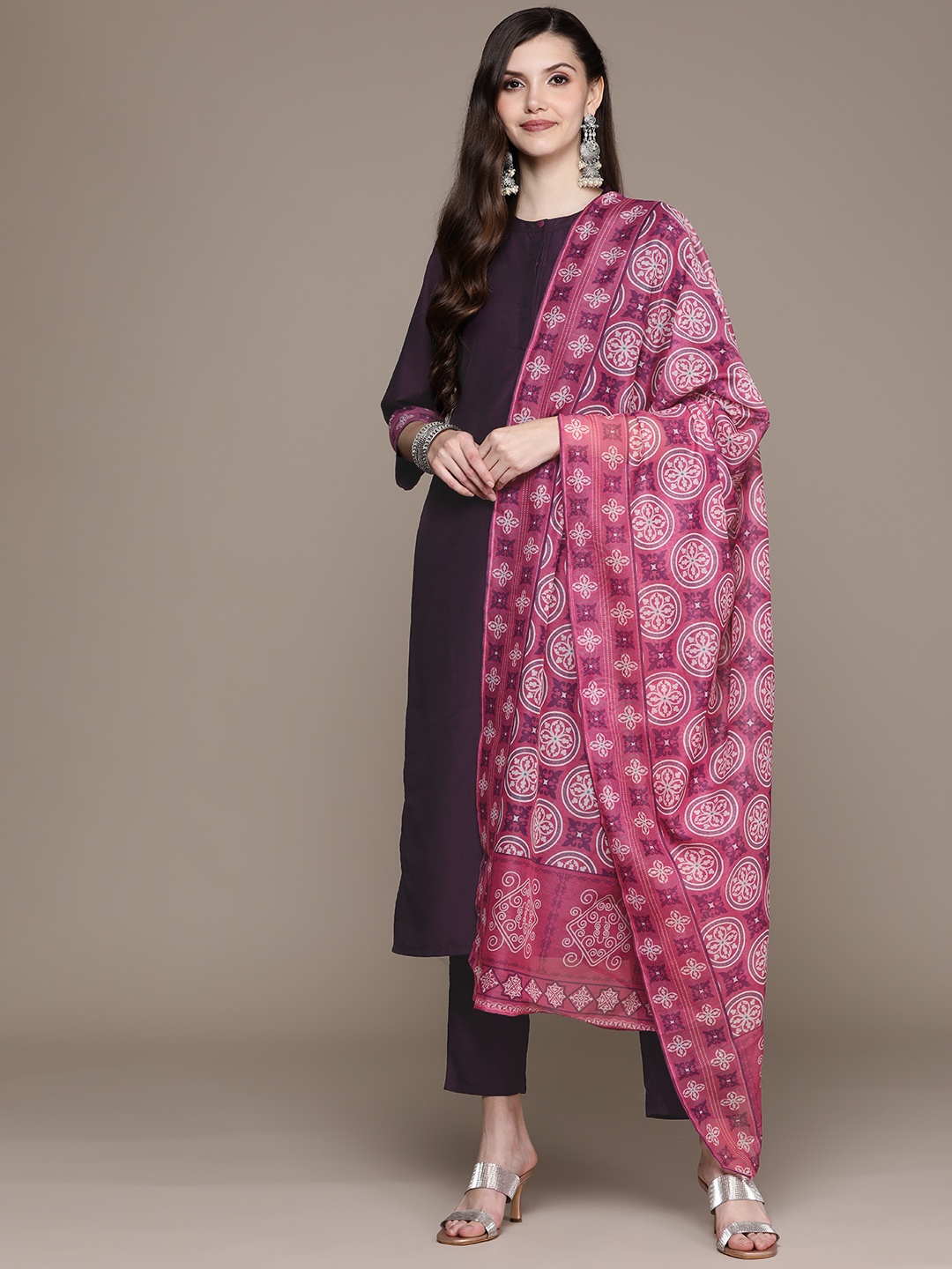 

ZIYAA Women Burgundy Printed Kurta with Trousers & With Dupatta