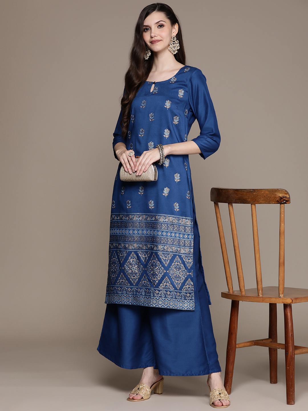 

ZIYAA Women Navy Blue & Golden Ethnic Motifs Printed Kurta with Palazzos