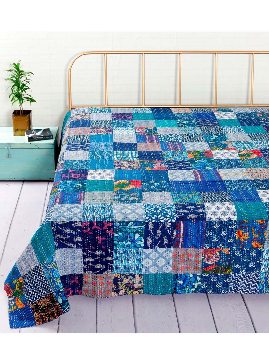 

HANDICRAFT PALACE Blue Patchwork Kantha Embroidered Double Queen Bed Cover