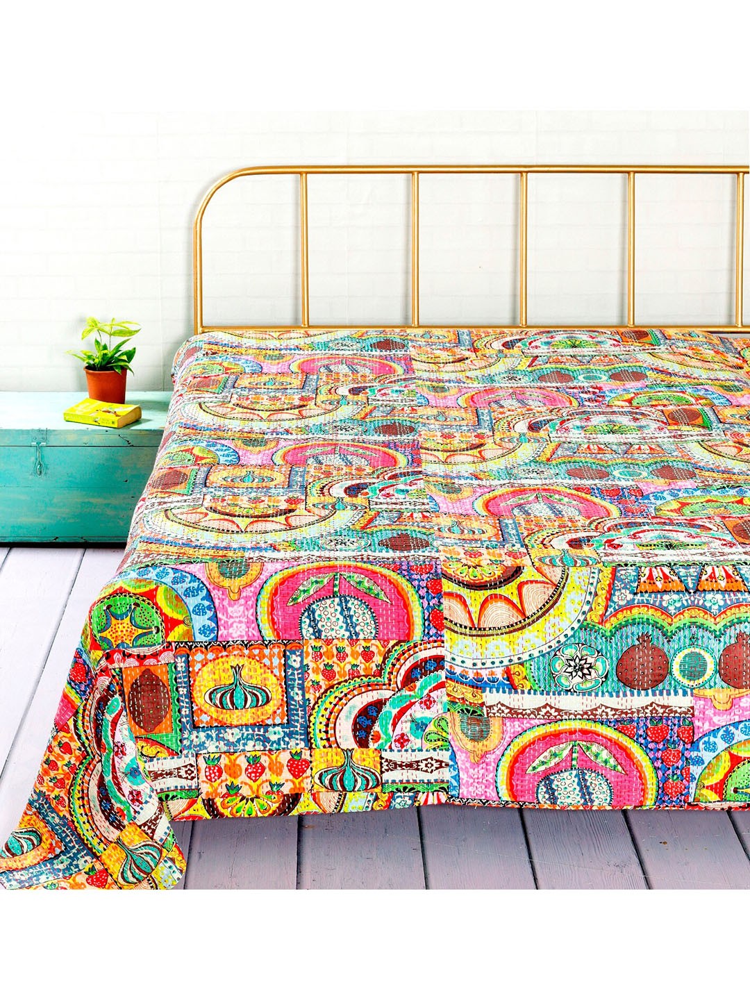 

HANDICRAFT PALACE Pink & Yellow Kantha Embroidered Cotton Double Queen Bed Cover