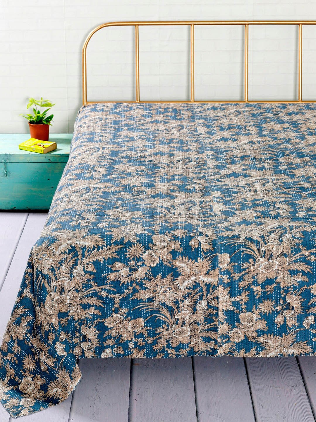 

HANDICRAFT PALACE Blue & Grey Paradise Flower Kantha Embroidered Cotton Double Queen Bed Cover