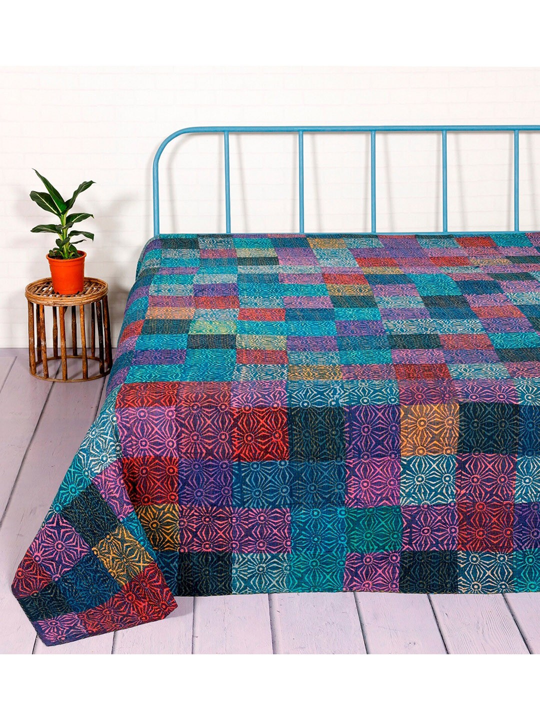 

HANDICRAFT PALACE Blue & Red Patchwork Kantha Embroidered Cotton Double Bed Cover
