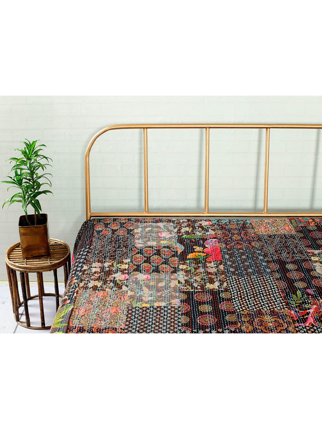 

HANDICRAFT PALACE Black Patchwork Kantha Embroidered Cotton Double Bed Cover