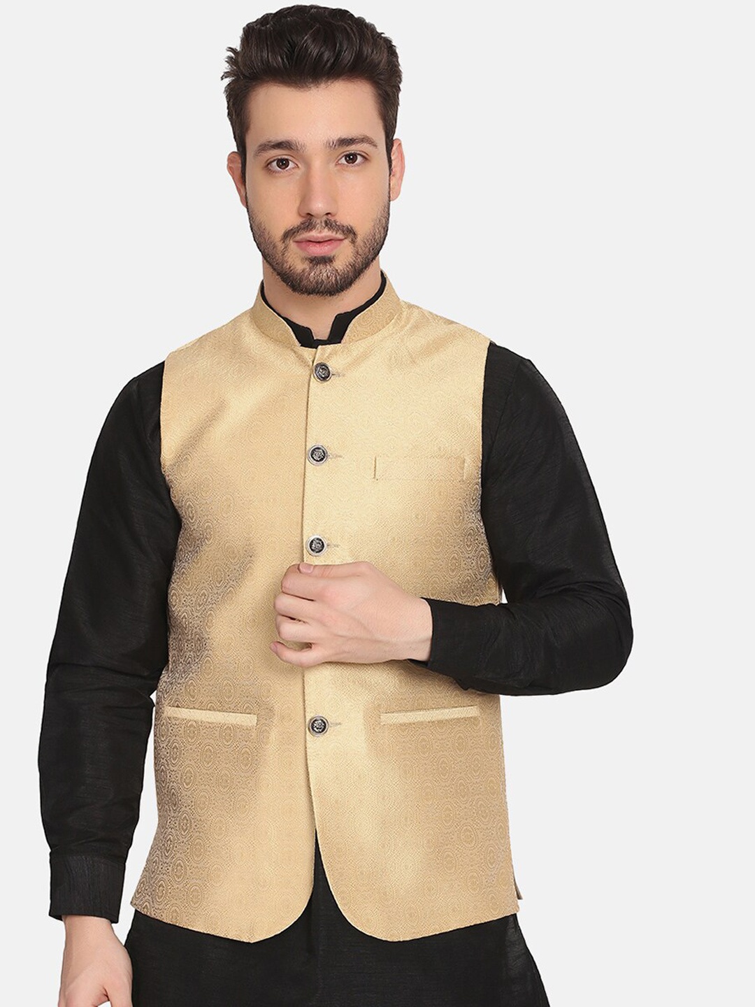 

TAHVO Men Gold-Toned Woven Nehru Jackets