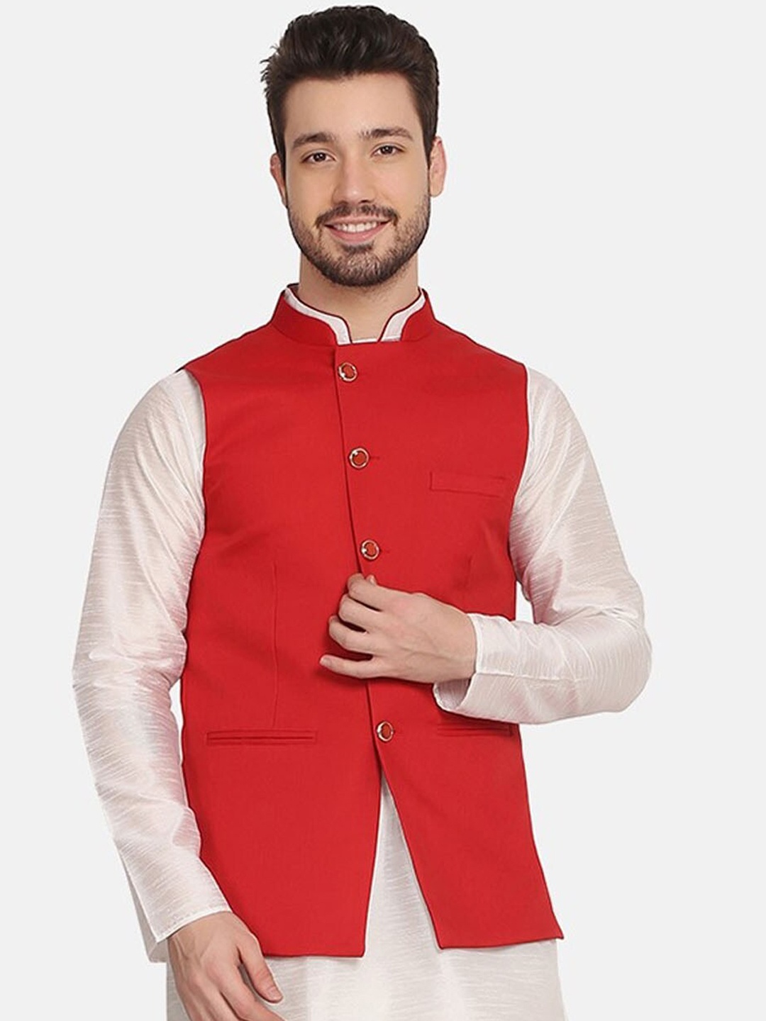 

TAHVO Men Red Solid Woven Nehru Jackets