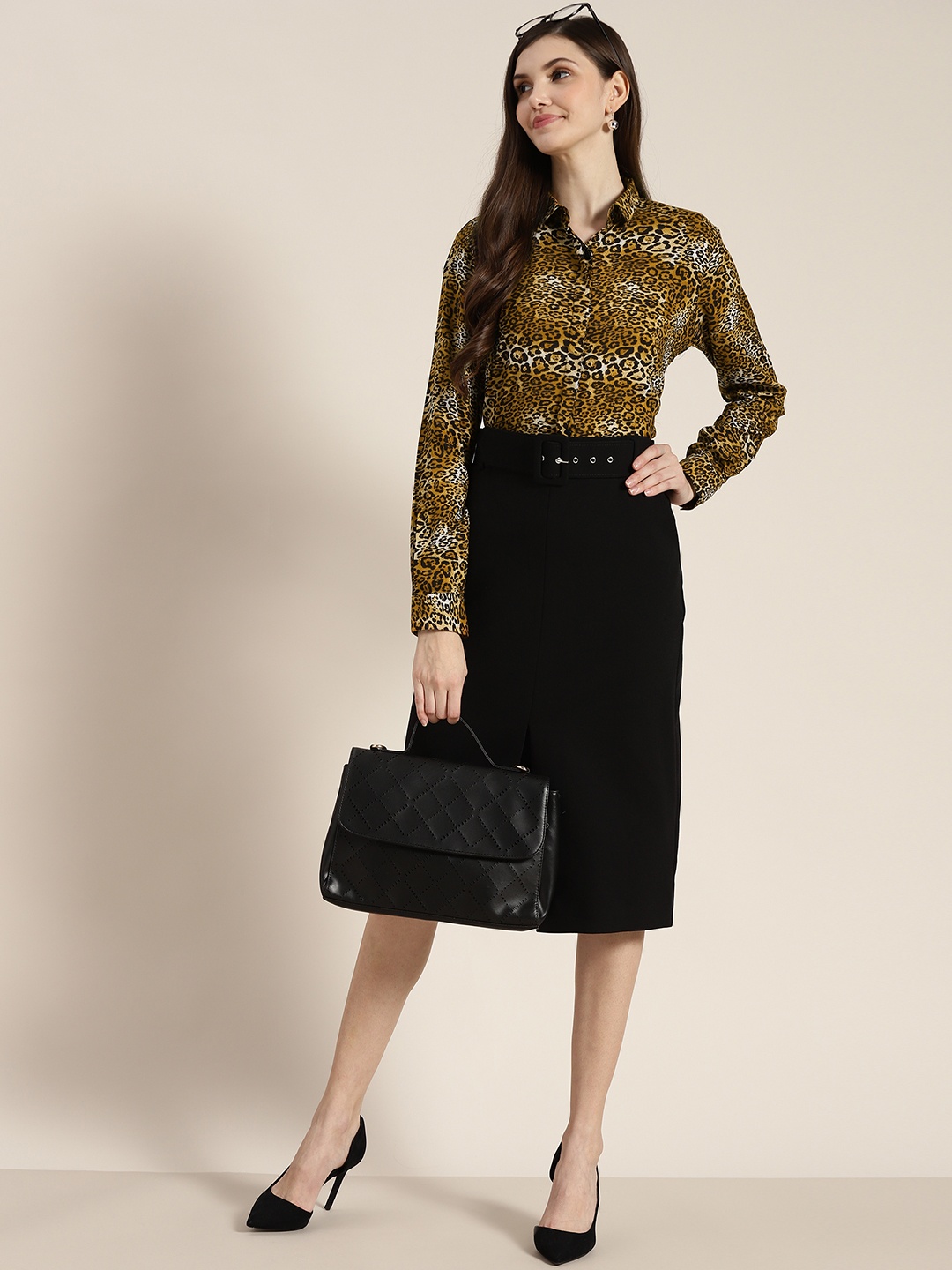 

Hancock Women Mustard Yellow & Black Regular Fit Leopard Printed Formal Shirt