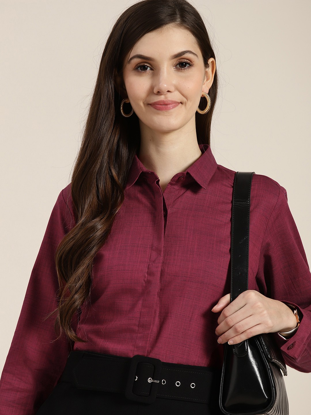 

Hancock Women Maroon Self Design Regular Fit Pure Cotton Formal Shirt