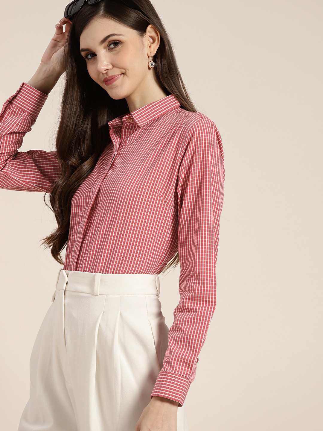 

Hancock Women Pink & White Regular Fit Gingham Checks Pure Cotton Formal Shirt