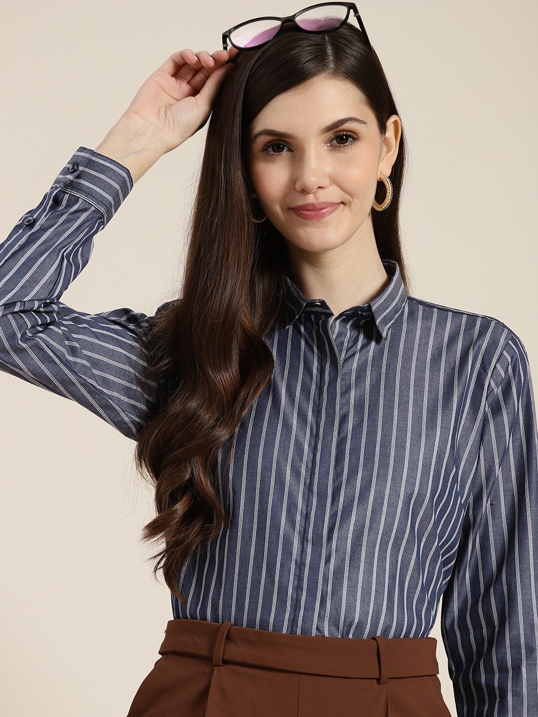 

Hancock Women Navy Blue Regular Fit Pinstripes Striped Pure Cotton Formal Shirt