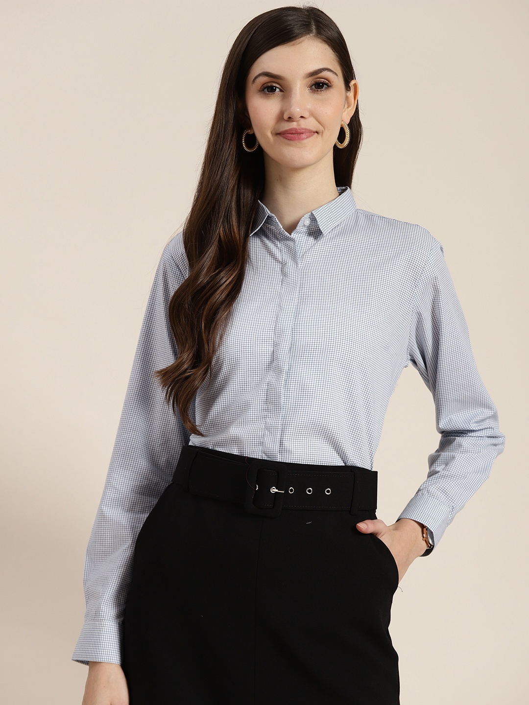 

Hancock Women Blue Regular Fit Checked Pure Cotton Formal Shirt
