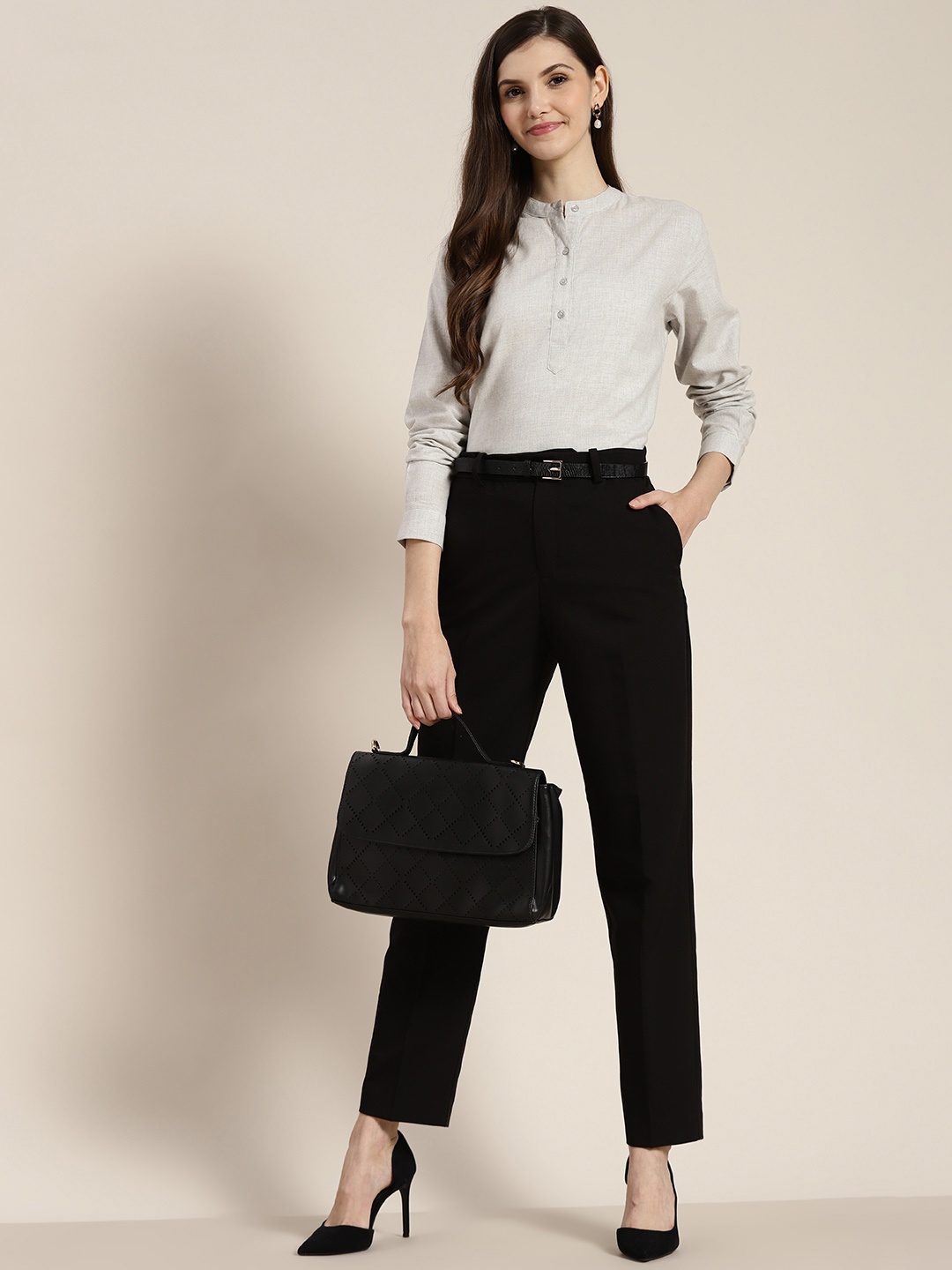 

Hancock Grey Melange Solid Slim Fit Pure Cotton Shirt Style Formal Top